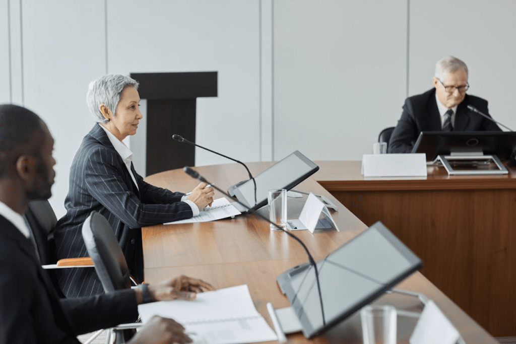 A formal administrative hearing with professionals seated at a conference table