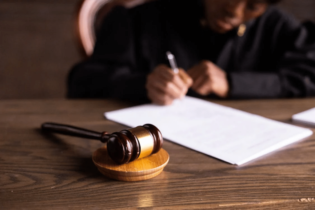 A judge writing a decision at a desk with a gavel in the foreground