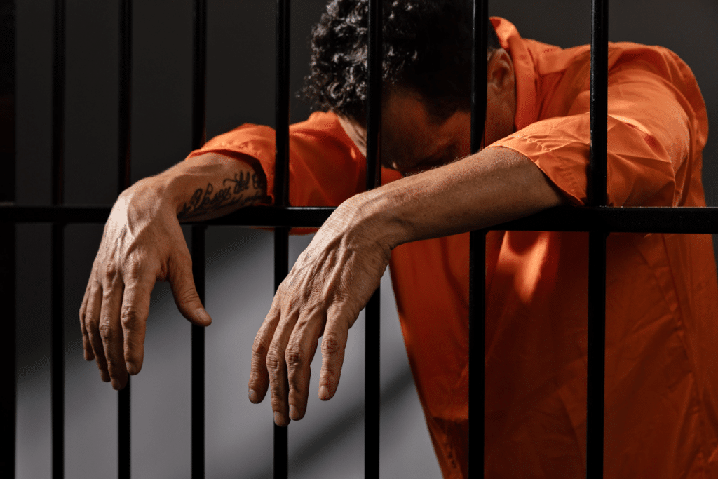 A man in an orange jumpsuit leaning against prison bars