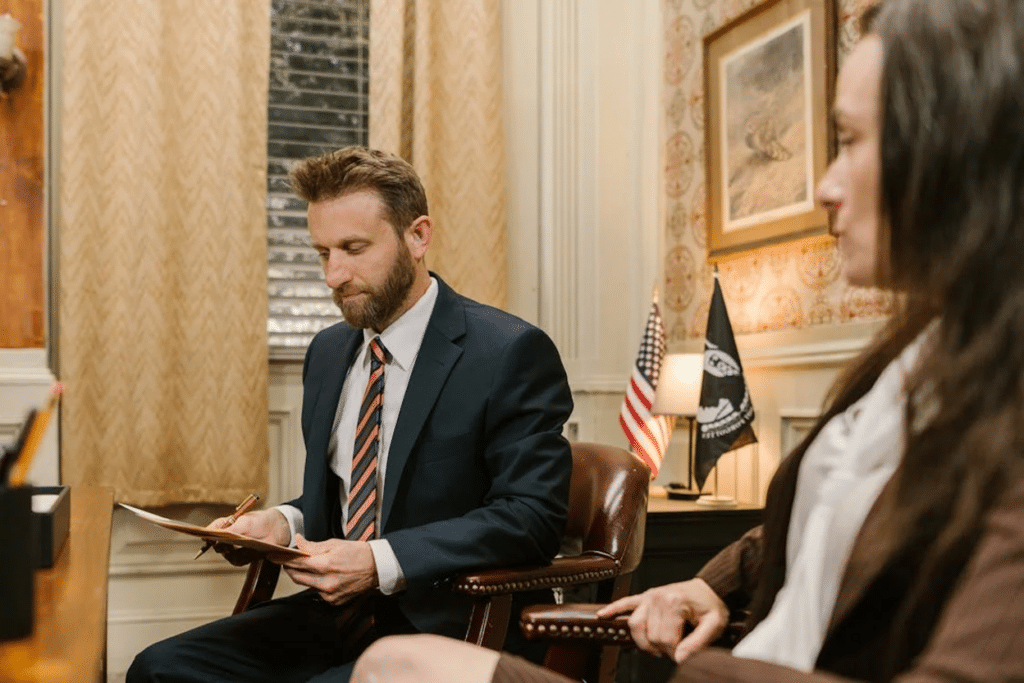 An attorney looking at a document with a female client in an office