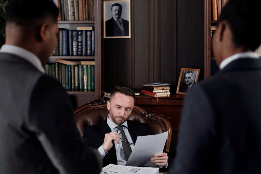 An attorney reviewing legal documents at a desk in a law office