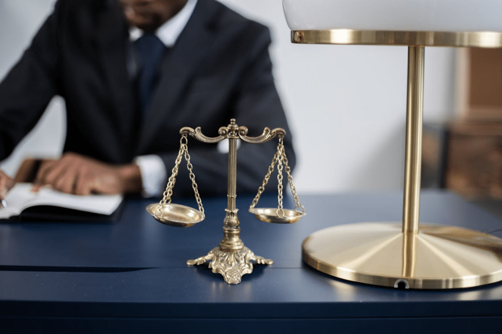 Brass scales of justice on a desk with a criminal defense attorney reviewing case documents