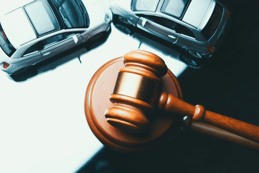 Wooden gavel next to two model cars on a desk