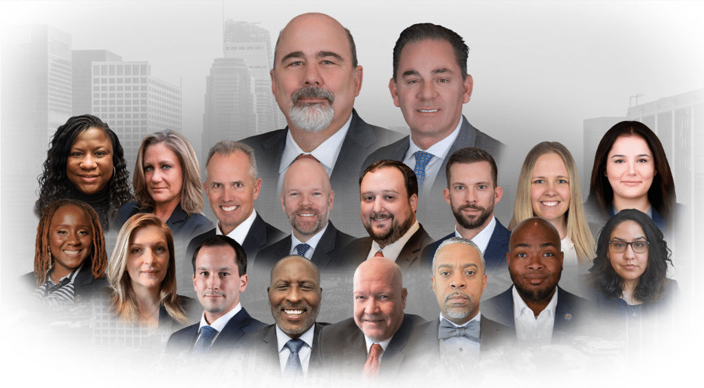 A composite photo of a diverse group of attorneys and legal staff posed against a city skyline backdrop