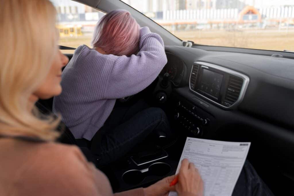 A distressed woman buries her face in her hands in the driver's seat while an instructor reviews her CDL sheet
