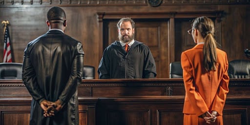 Bearded judge in black robes presides over a Killeen DWI courtroom with two attorneys standing